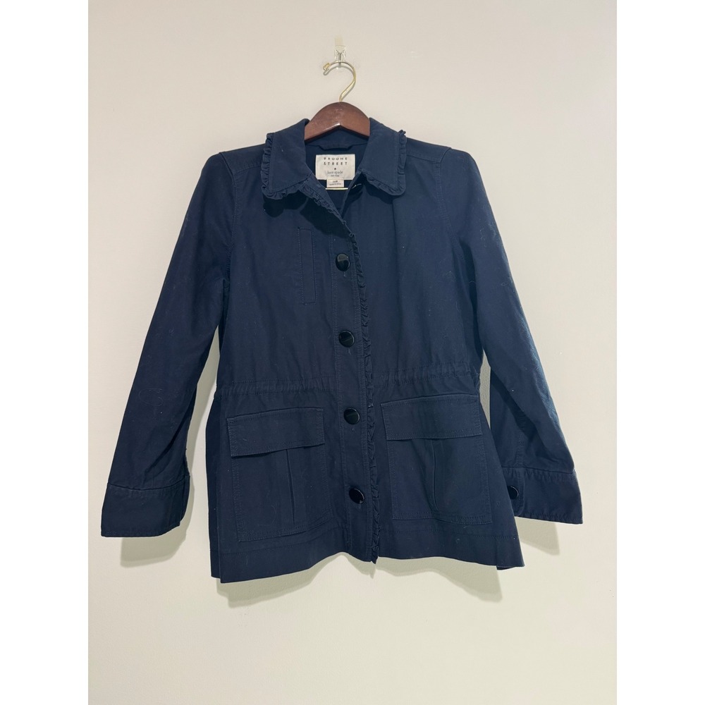 Kate Spade Broome Street Navy Blue Ruffle Utility Jacket Velvet Bow Size M